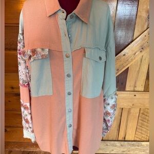 POL NWOT Women's Oversized Button Down Shirt /Jacket in Peach and Light Blue